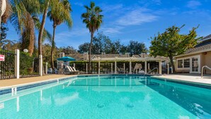 A clear blue pool with a white deck, surrounded by palm trees and a covered seating area.