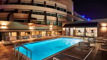 Outdoor pool, open 9 AM to 9 PM, pool umbrellas, pool loungers