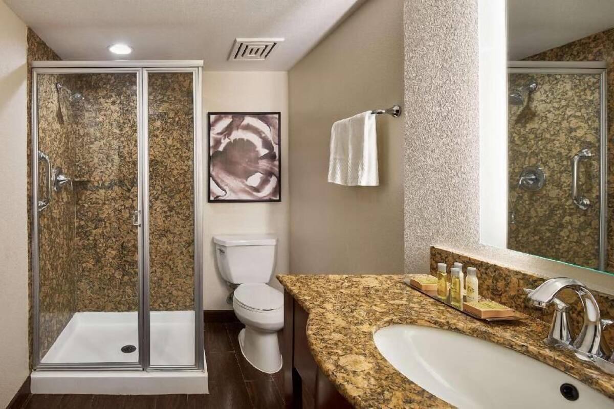 A bathroom with a shower, toilet, sink, and a framed artwork on the wall.