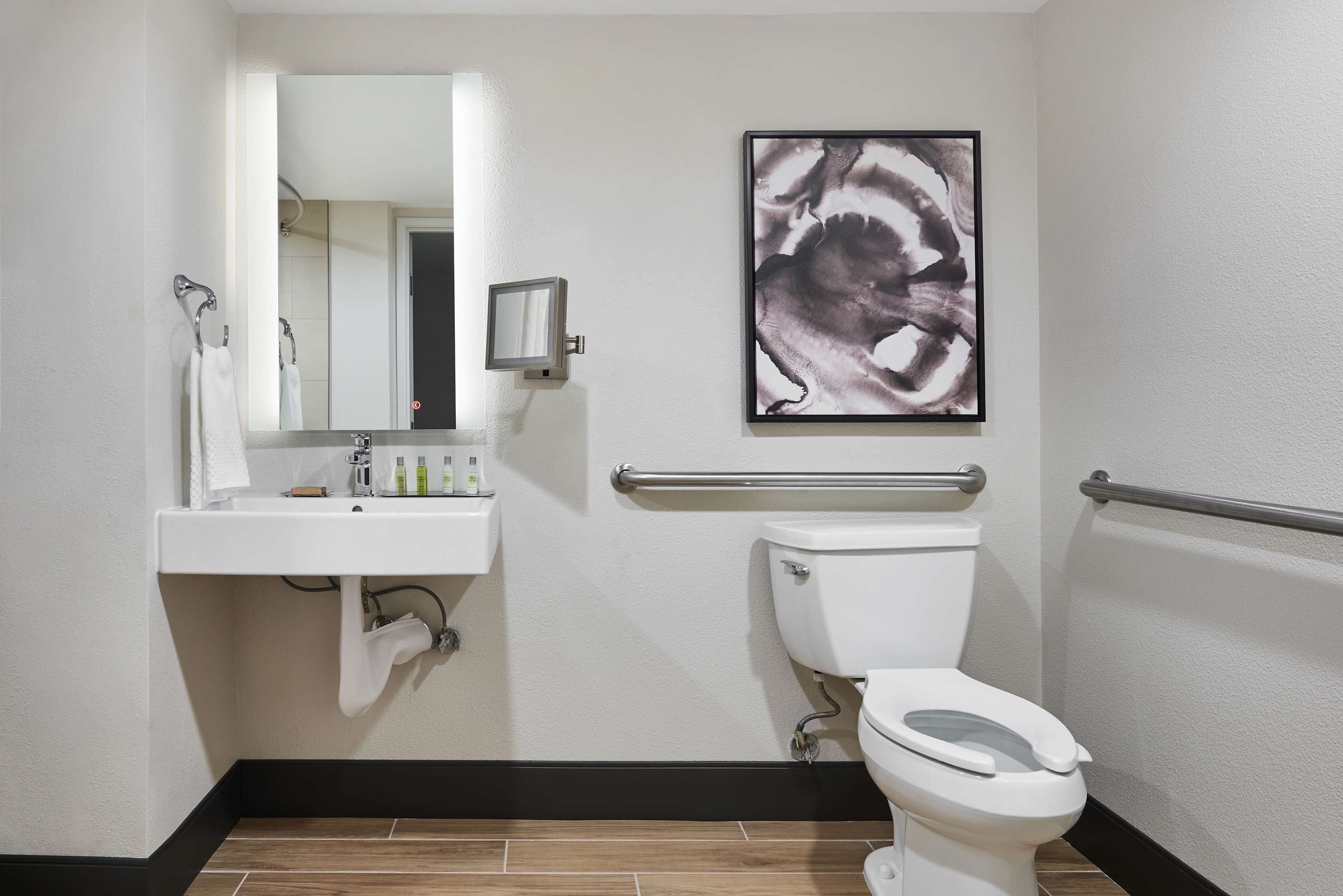 Un baño moderno con un lavabo, espejo y retrete blancos. Cuenta con un pasamanos en la pared y un cuadro abstracto enmarcado sobre el retrete.