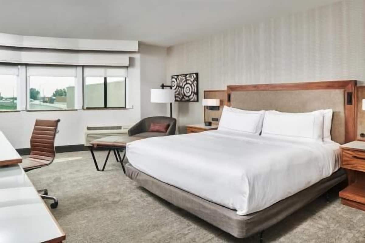 A hotel room with a large bed, a desk, a chair, a lamp, and a view of the outdoors.