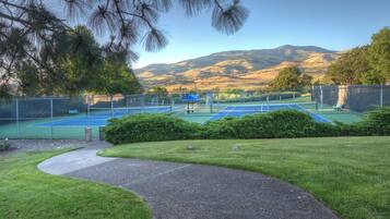 A tennis court with a pathway leading to it, surrounded by greenery and a mountain backdrop.