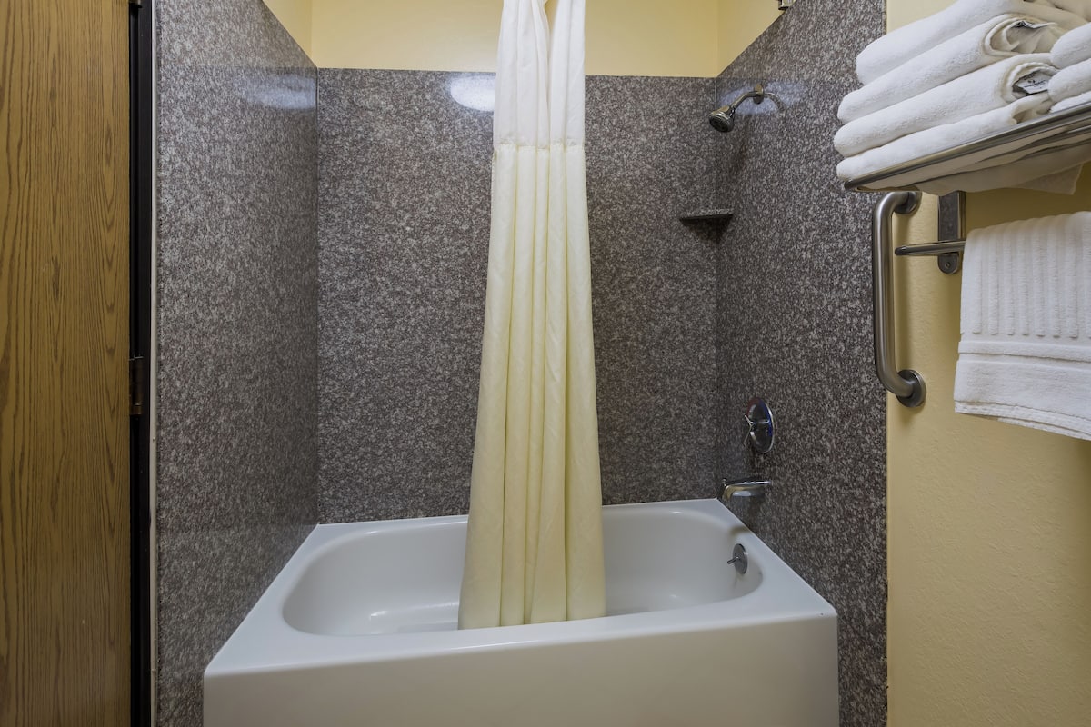 combined shower/bathtub, hair dryer, towels