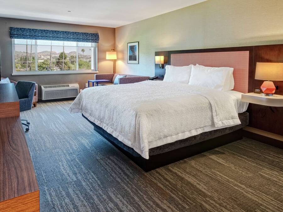Habitación de hotel con una cama grande, un escritorio con silla, televisión y ventana con vista a la ciudad.