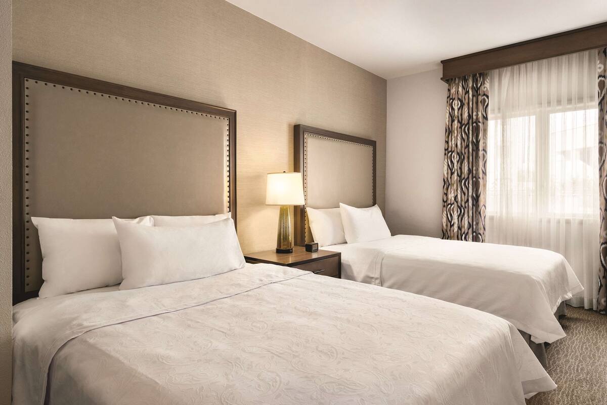 Habitació d'hotel amb dos llits, una tauleta de nit amb una làmpada i una finestra amb cortines primes.