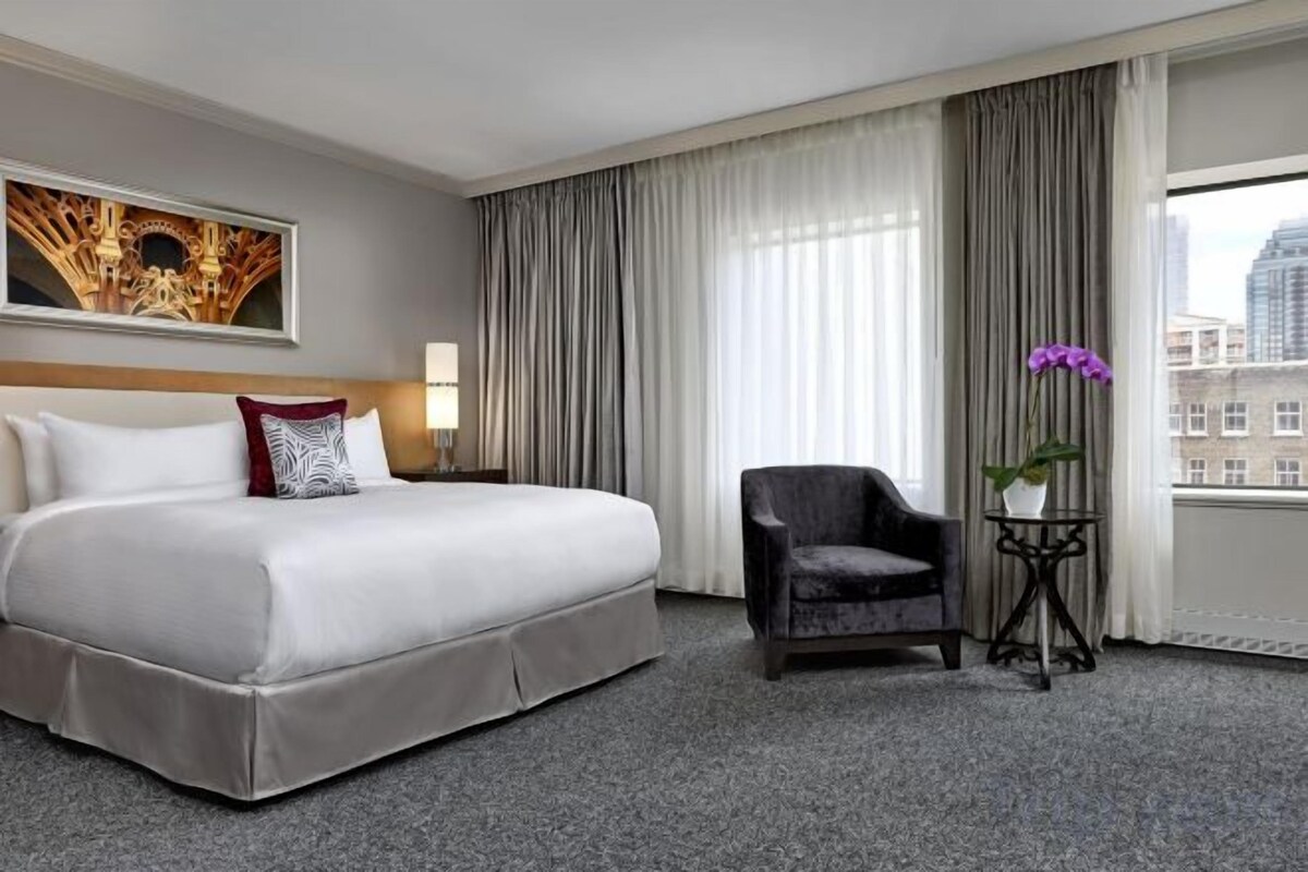 Une chambre d’hôtel avec un grand lit, une chaise, une petite table avec une plante et une vue sur la ville.