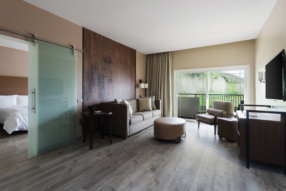 A hotel room with a bed, a sofa, a desk, and a balcony with a view.