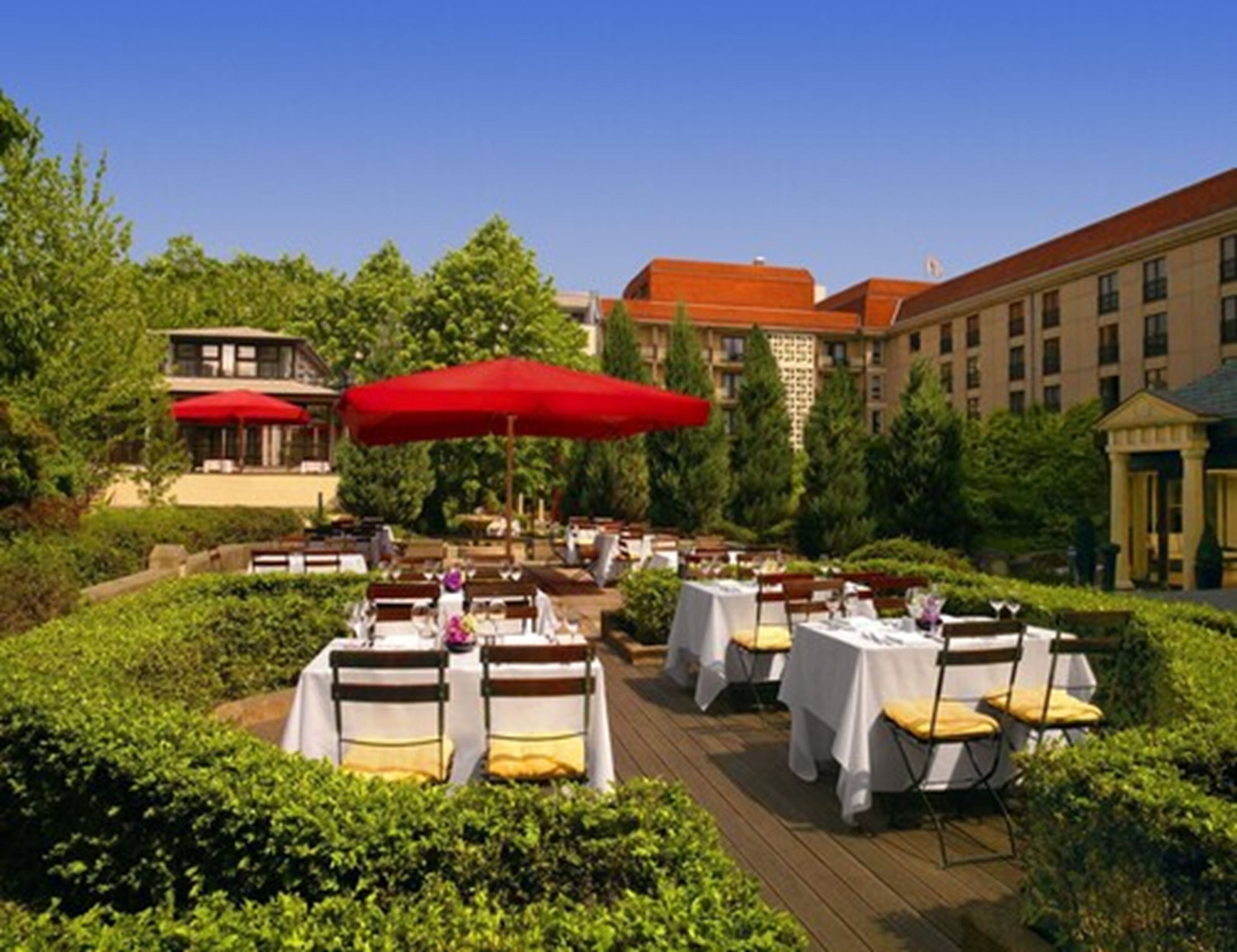An outdoor dining area with tables and chairs, surrounded by greenery and a building in the background.