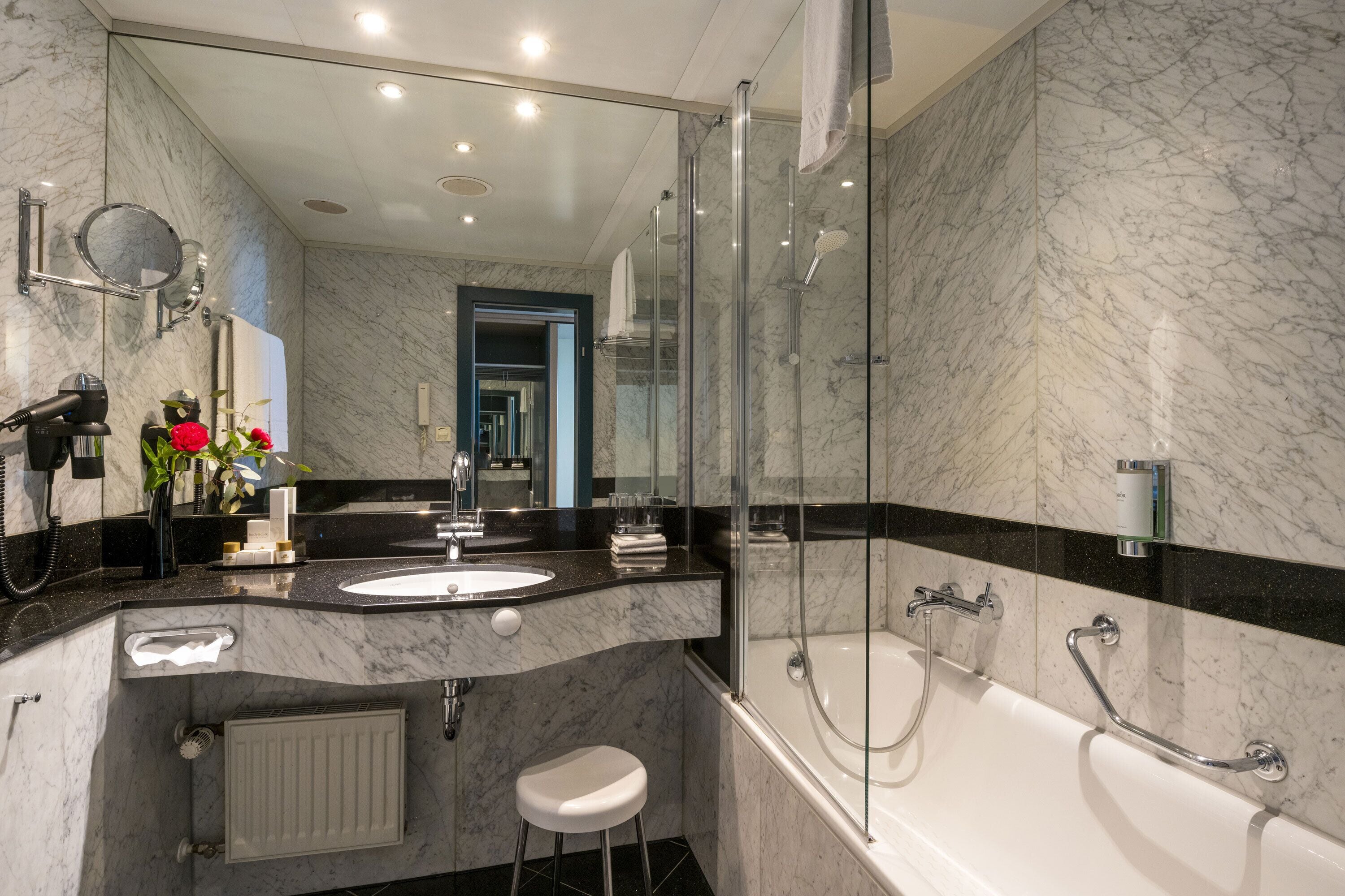 free toiletries, hair dryer, towels