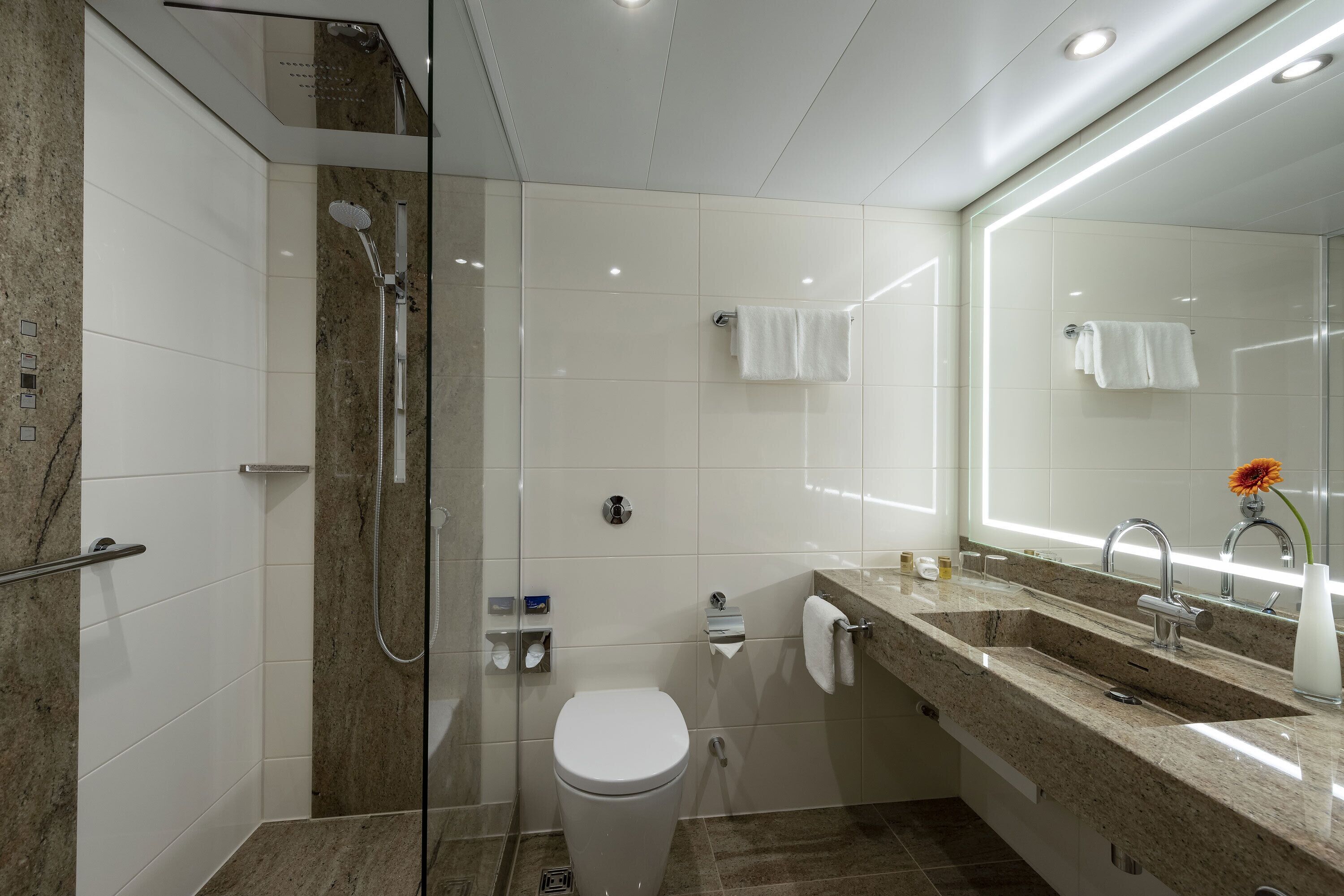 rainfall showerhead, free toiletries, hair dryer, towels