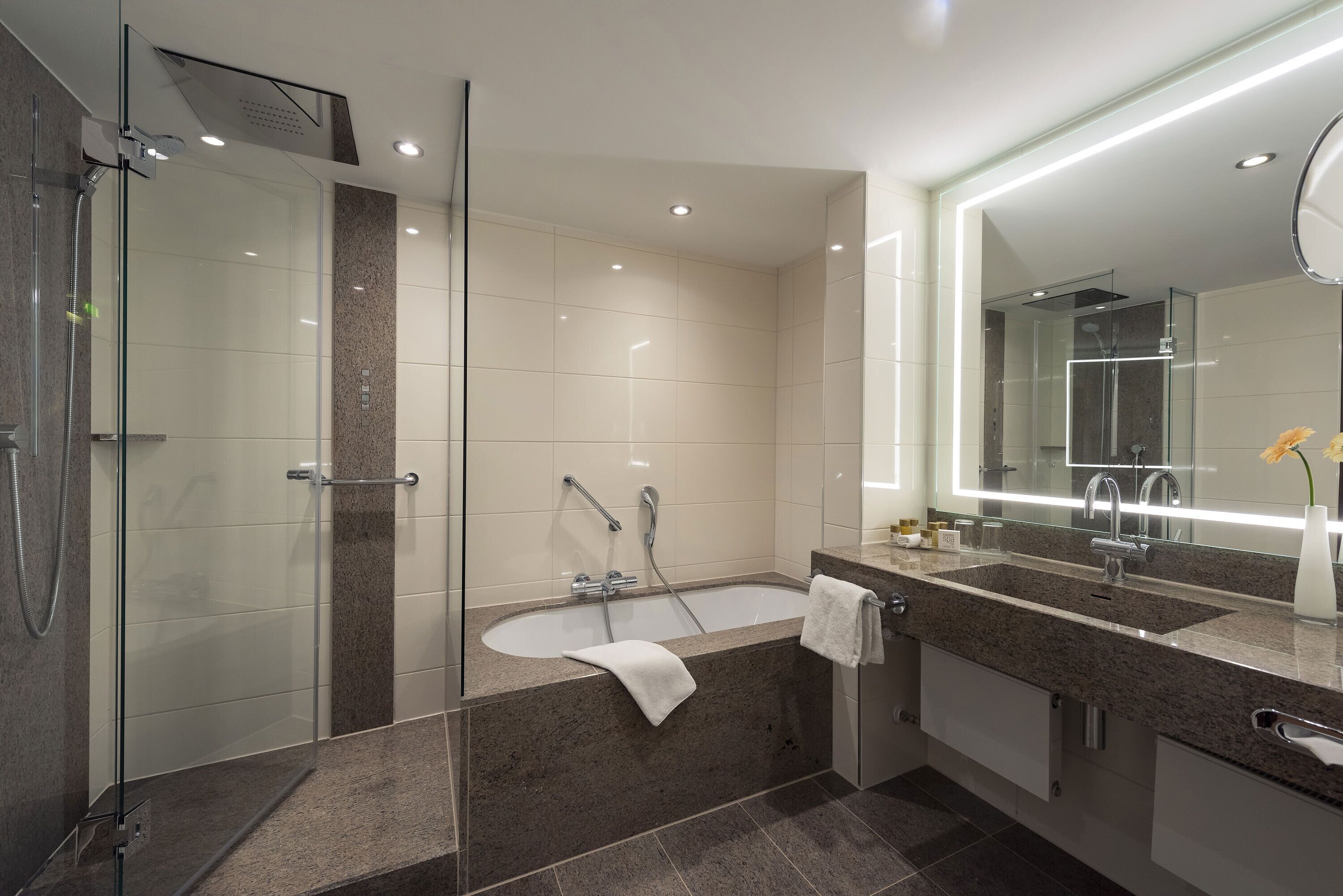 rainfall showerhead, free toiletries, hair dryer, towels