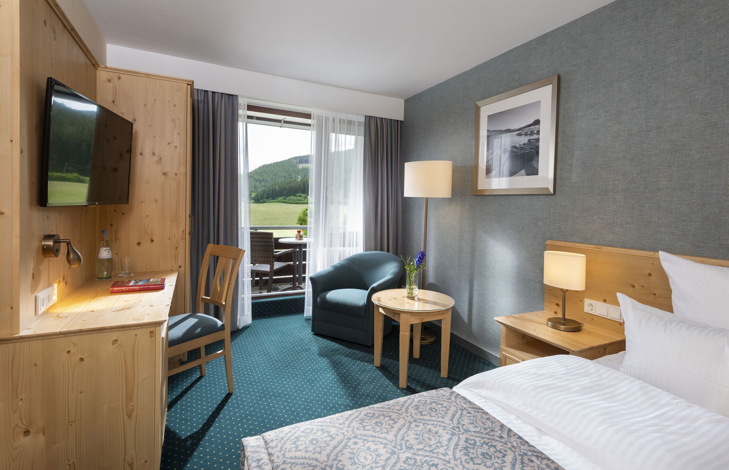 Une chambre d’hôtel comprenant un lit, un bureau avec une chaise, une télévision, une lampe et une vue sur l’extérieur.