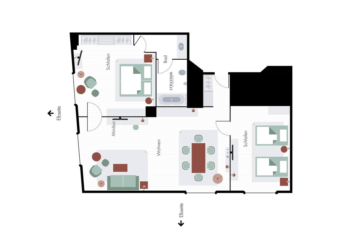 A floor plan of a hotel room with a living area, a dining area, a bedroom, and a bathroom.