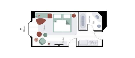 A floor plan of a hotel room with a living area, kitchenette, bathroom, and a small balcony.