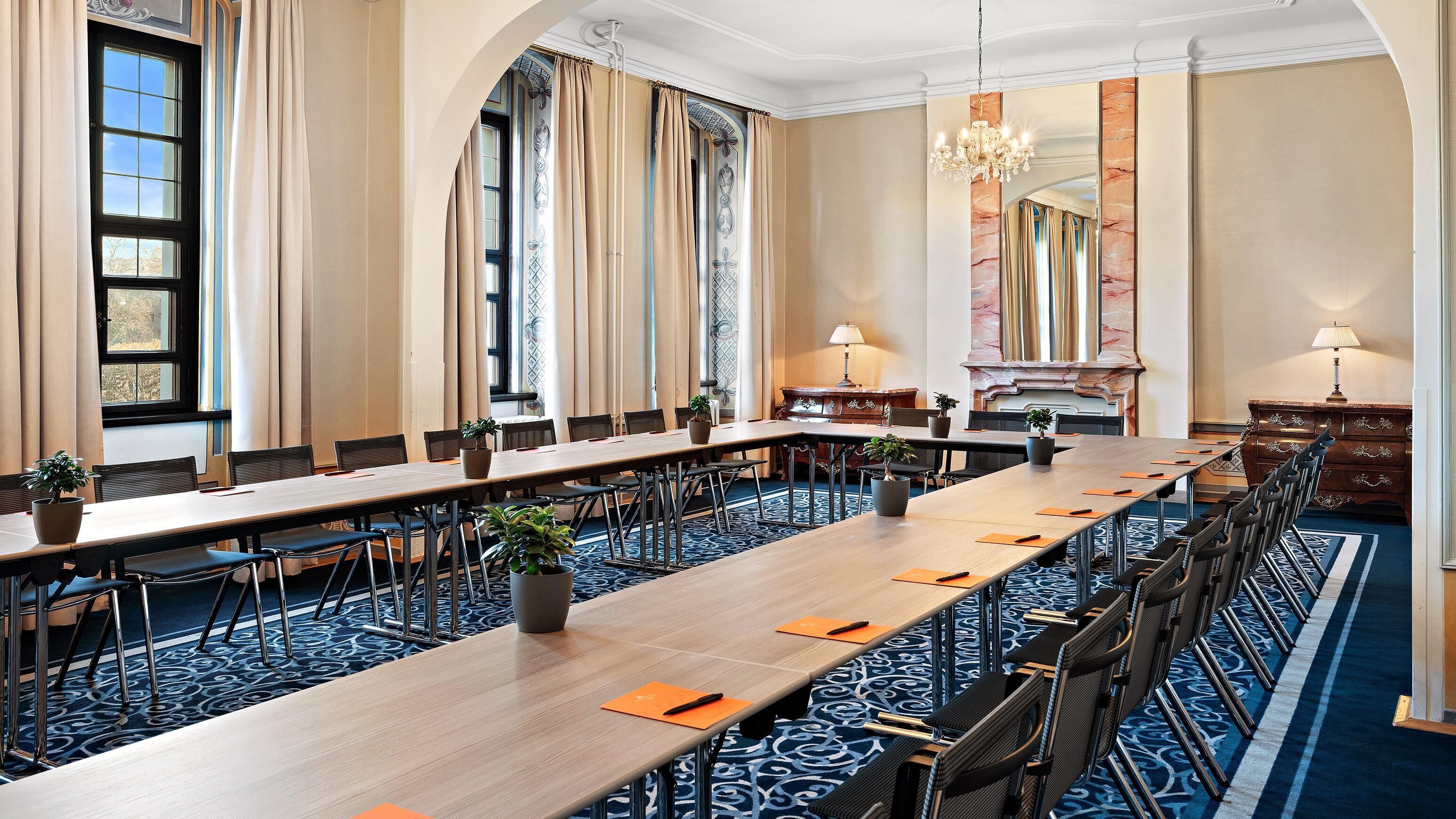 A conference room with a long table, chairs, potted plants, and a chandelier.