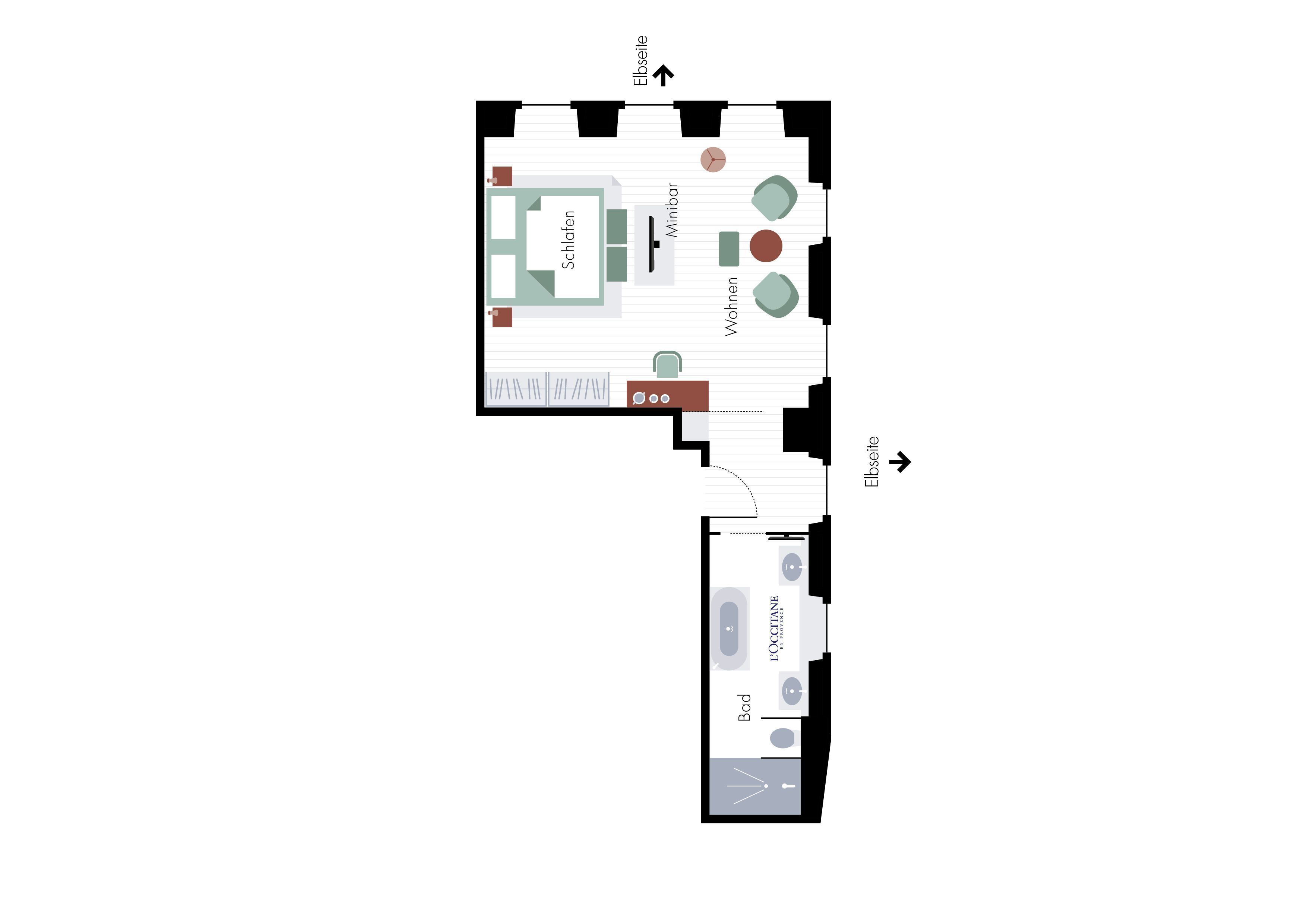 Ein Grundriss eines Hotelzimmers mit Wohnbereich, Küchenzeile und Badezimmer.