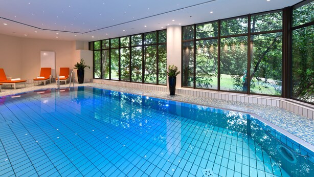 Piscina interior con agua azul cristalina, rodeada de amplias ventanas con vistas a árboles.