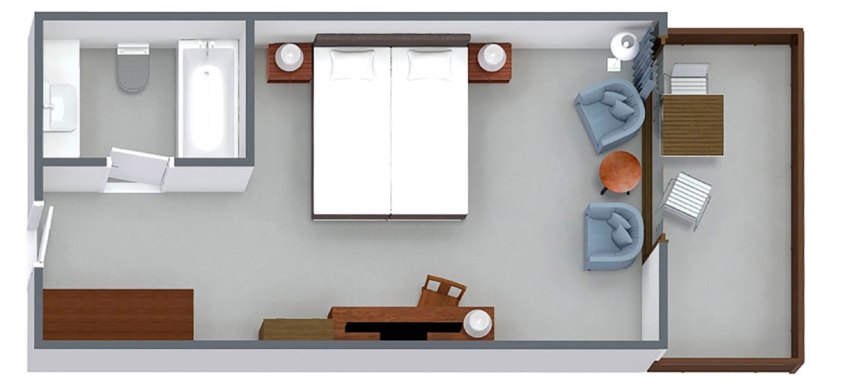 A 2-bedroom apartment layout with a bathroom, a dining area, and a living room.