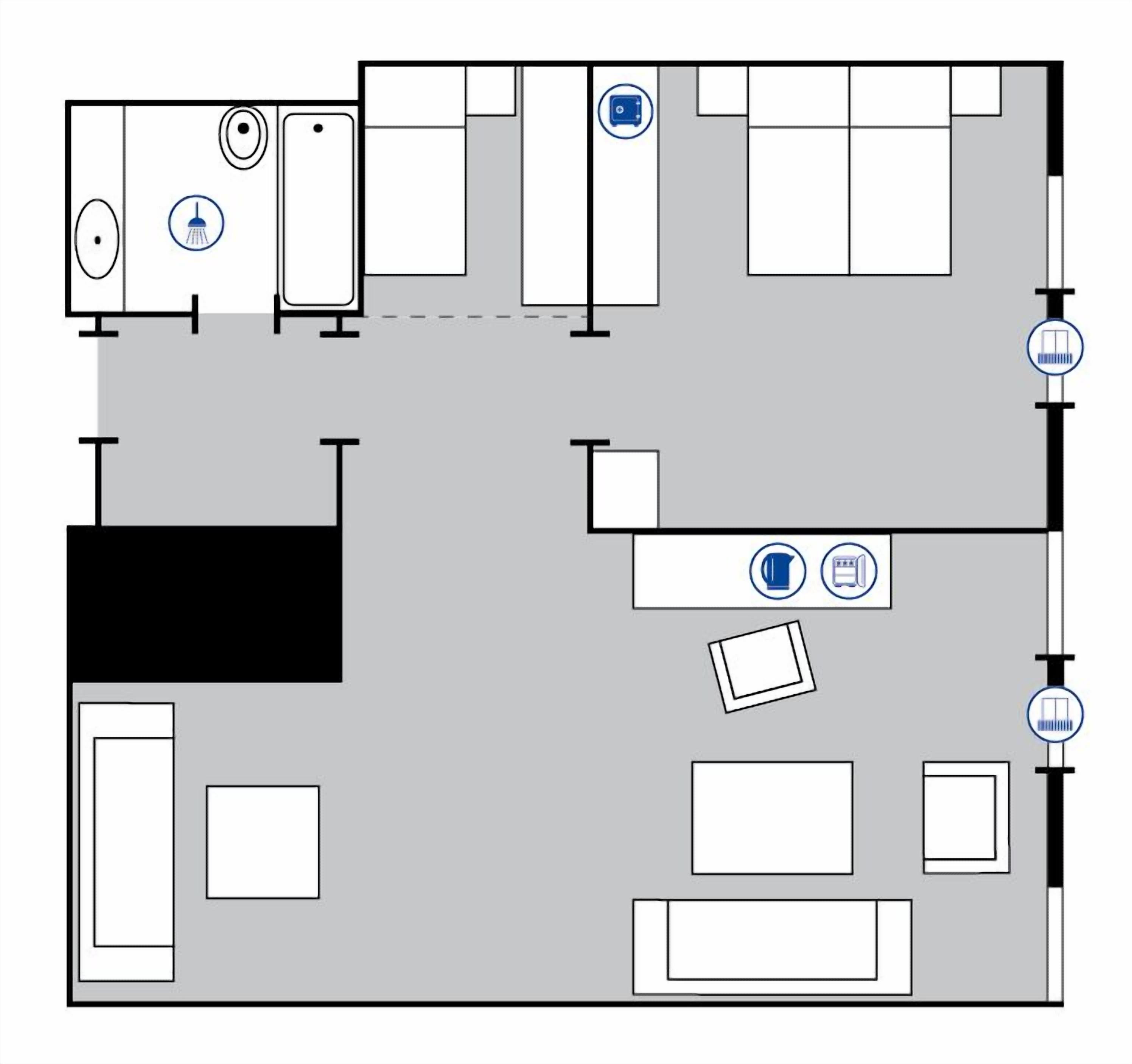 Plano de planta de un hotel con cocina, comedor y varias habitaciones.