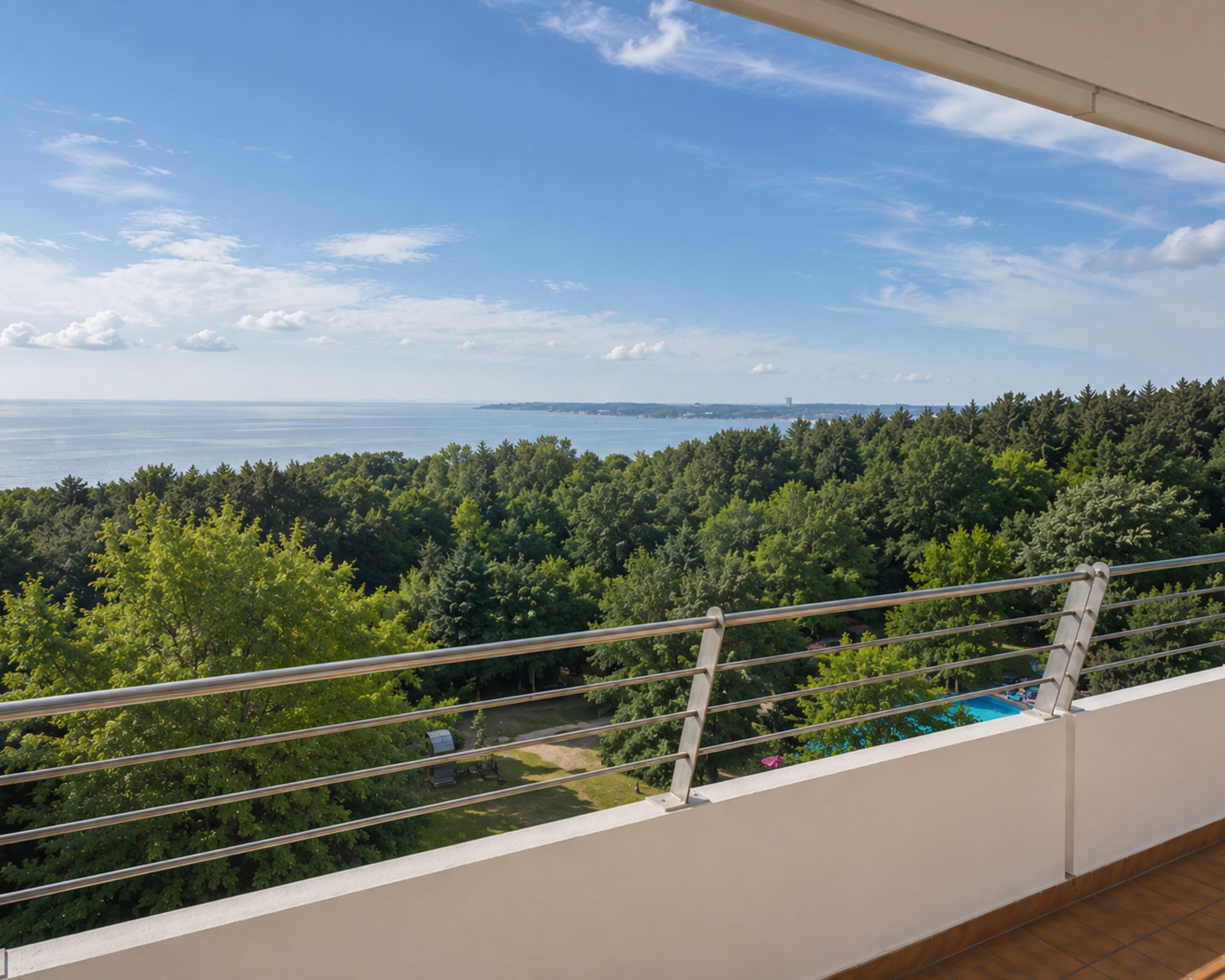 Ein Balkon mit Blick auf einen Wald und ein Gewässer.