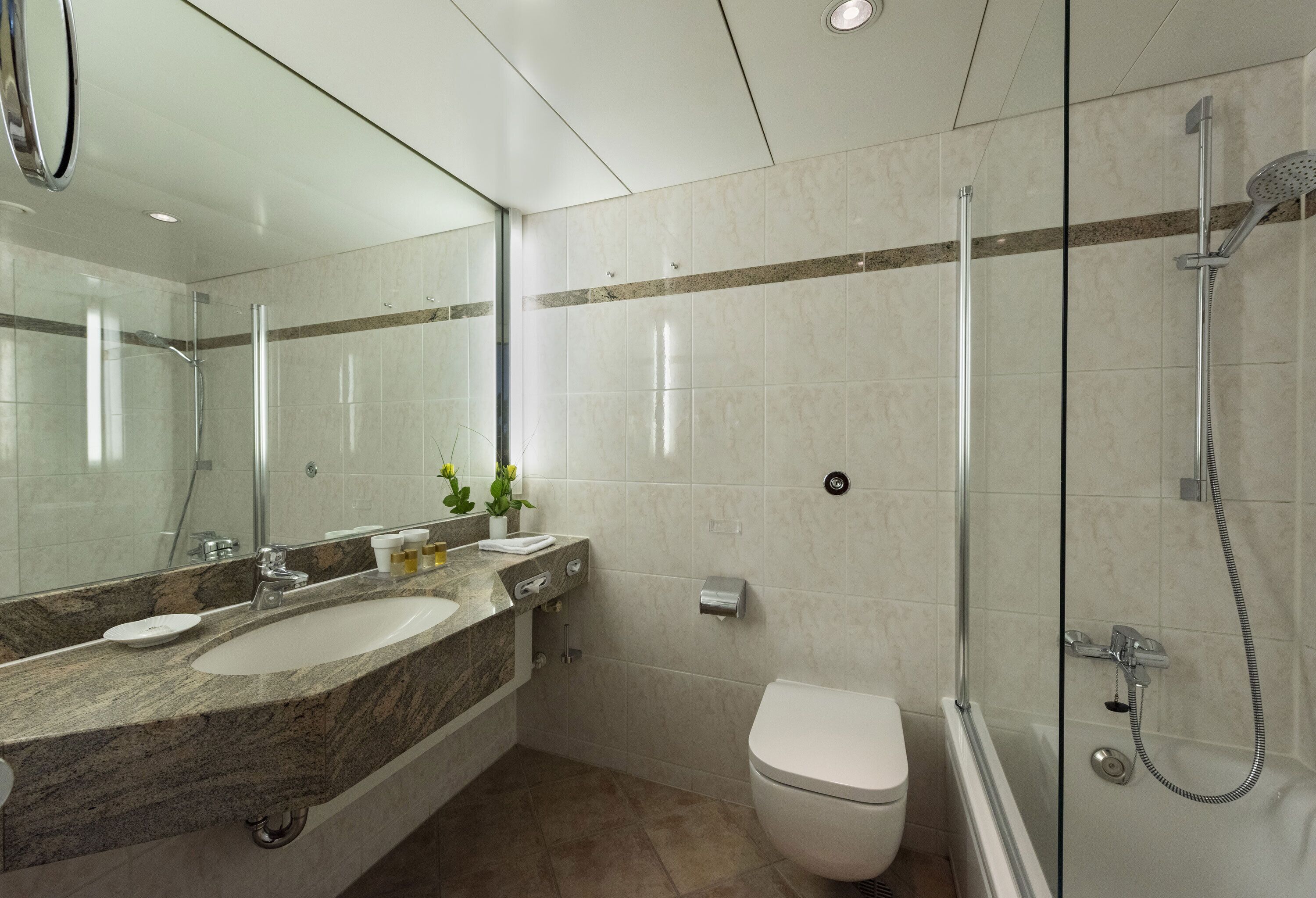 combined shower/bathtub, free toiletries, hair dryer, bathrobes