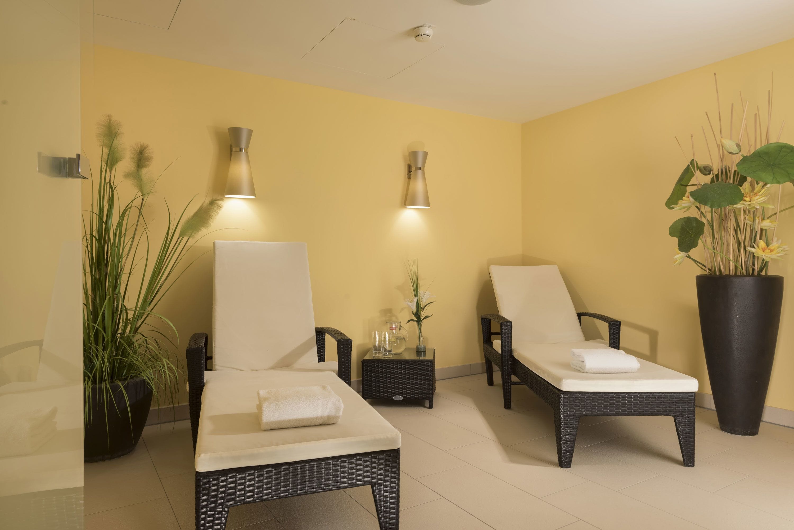 Un cuarto de spa con dos sillones de mimbre, una planta grande en maceta y lámparas fijadas a la pared.