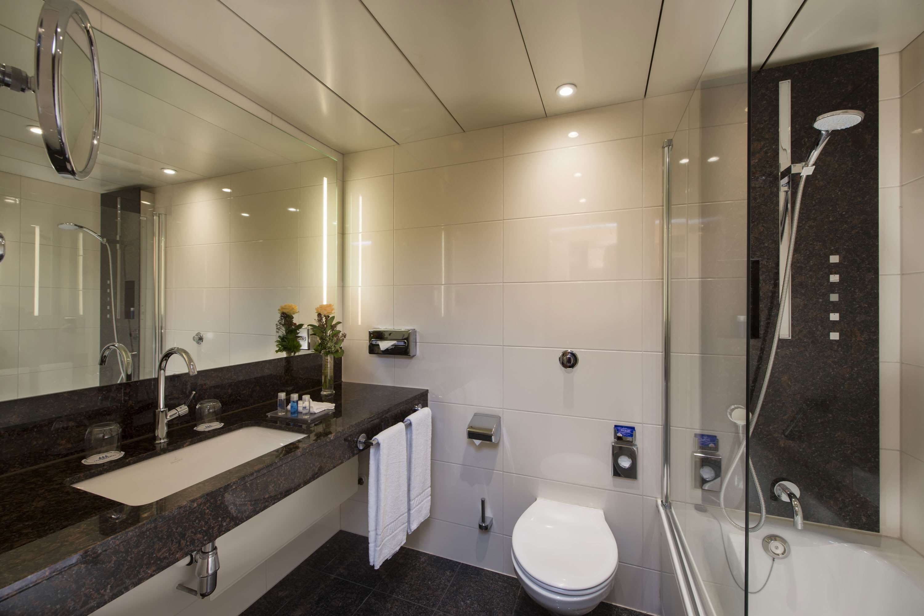 Een moderne badkamer met een grote spiegel, een dubbele wastafel, toilet en een douche met glazen wanden.