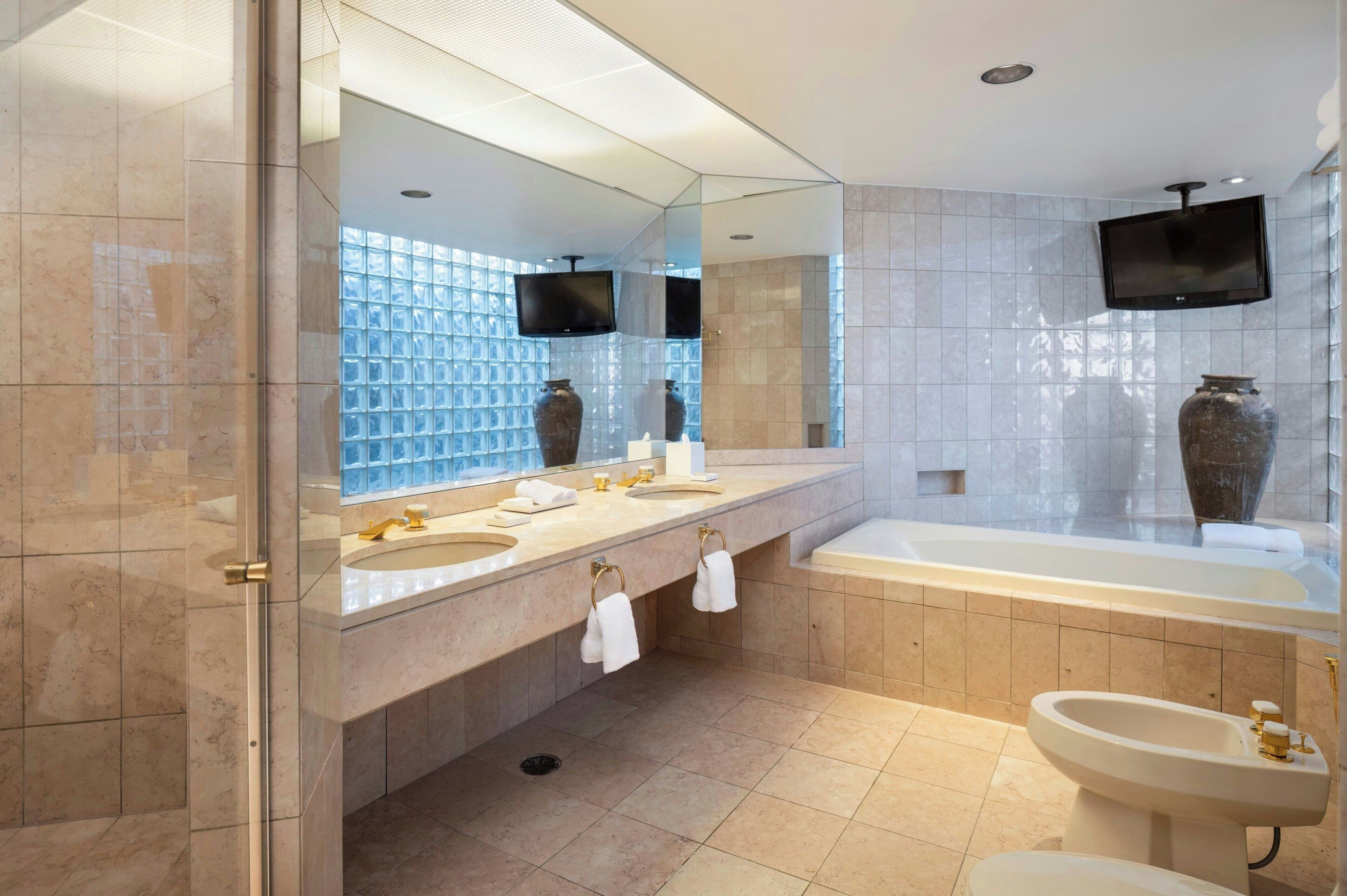 combined shower/bathtub, free toiletries, hair dryer, towels