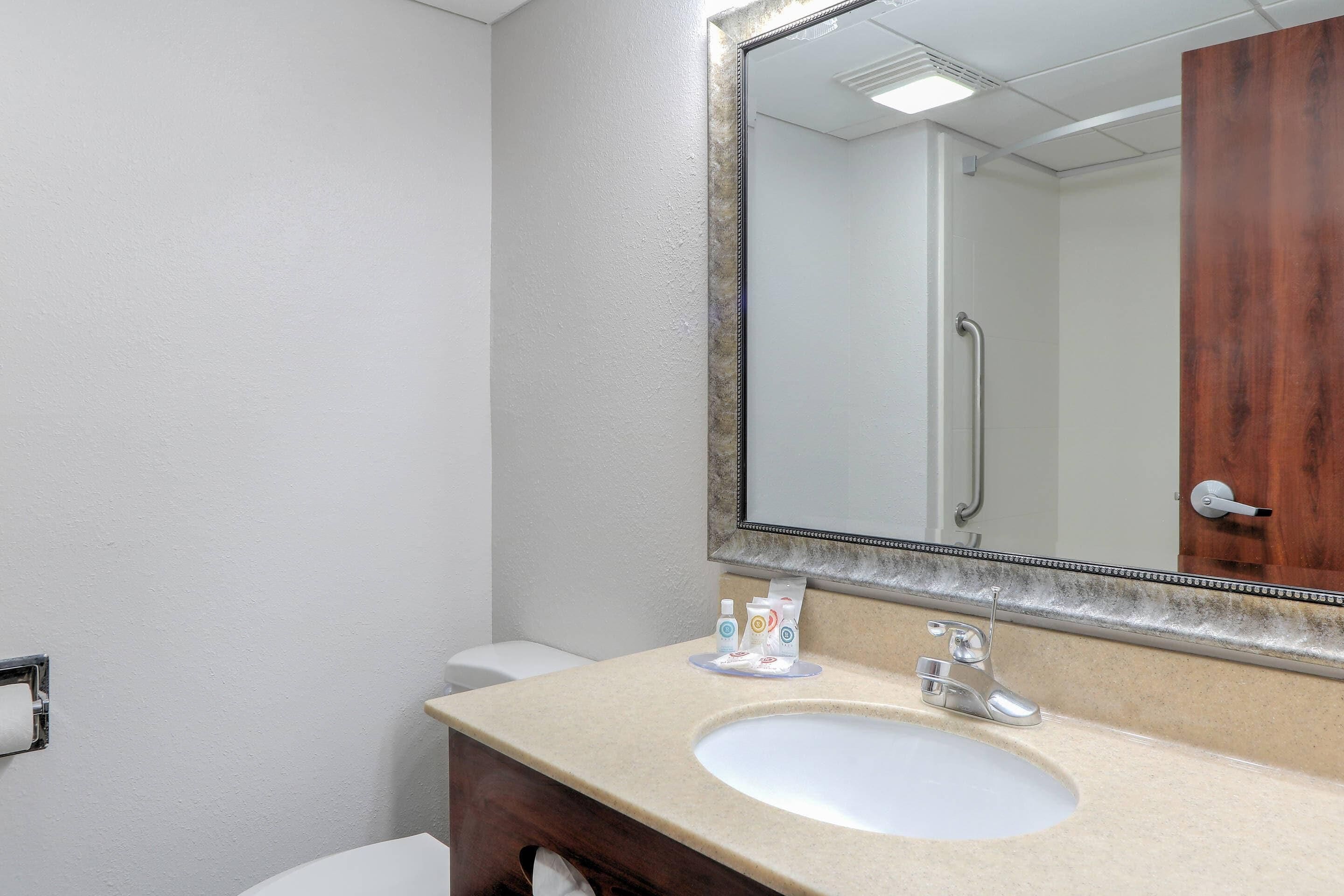 Un baño con un lavamanos blanco, un espejo grande y un mueble de tocador de madera.