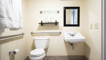 A standard bathroom with a toilet, sink, mirror, towel rack, and handrails.