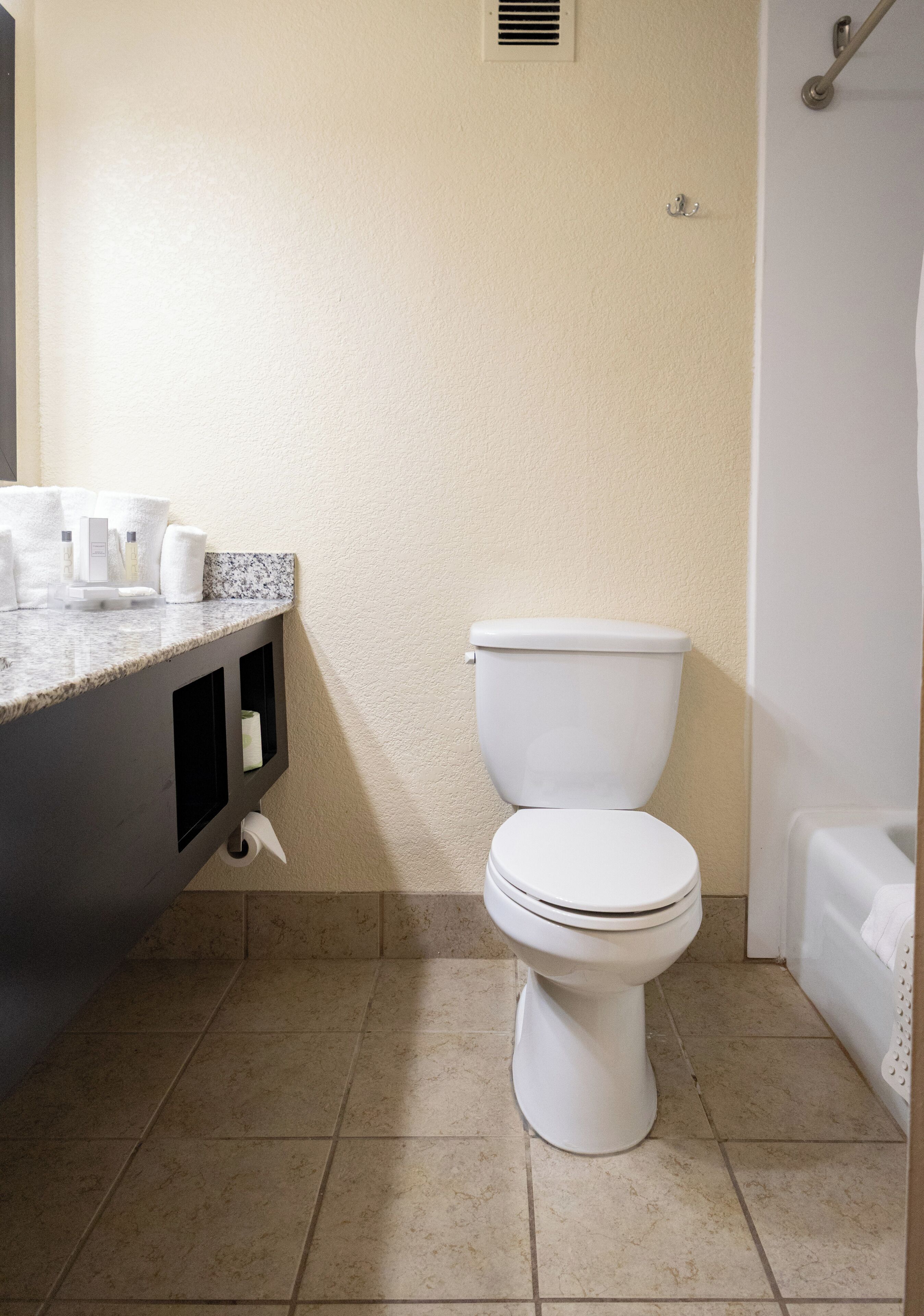 Un baño con inodoro, lavamanos y artículos de aseo, y zona de ducha.