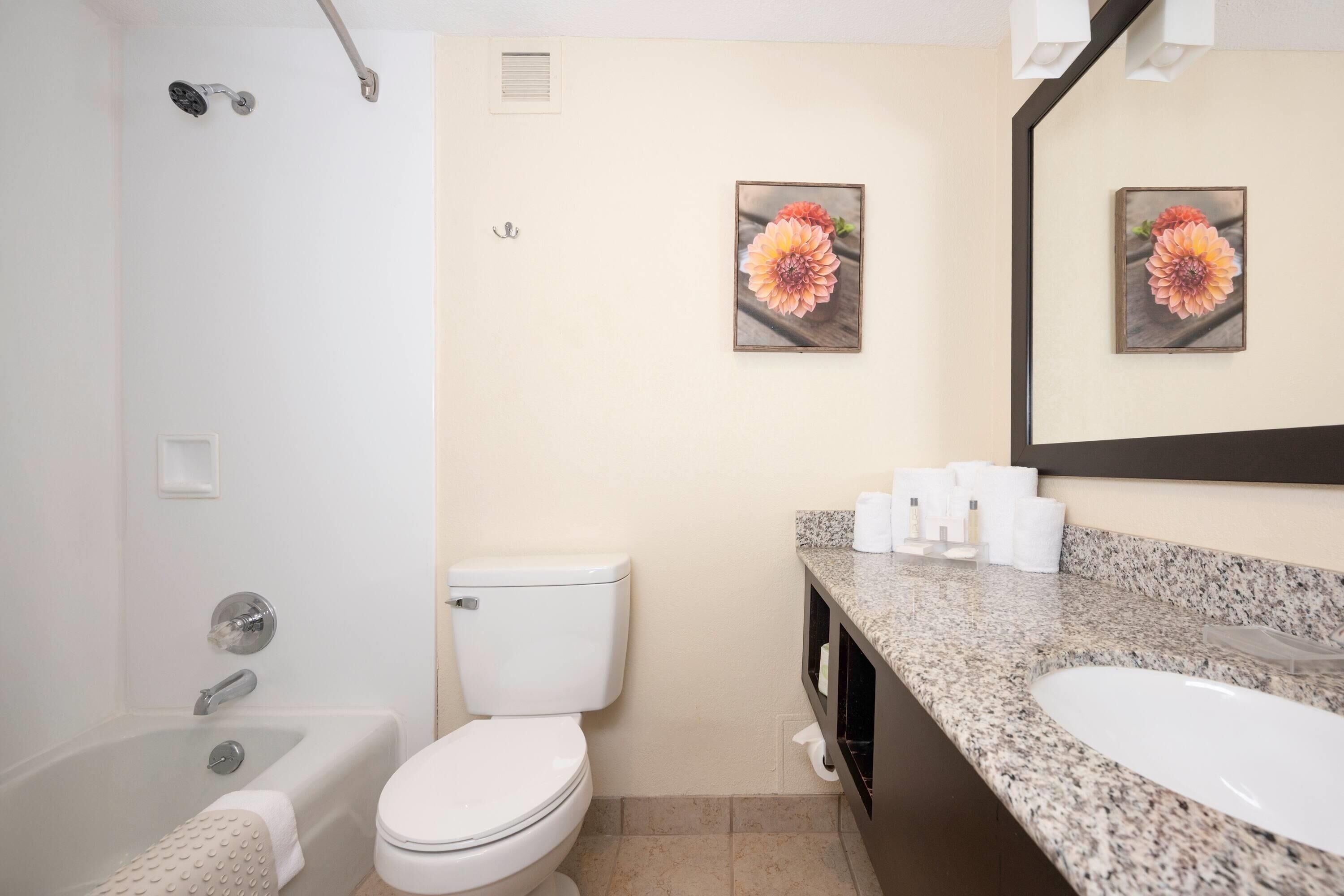 A bathroom with a bathtub, toilet, and sink. There are two framed floral pictures on the wall.