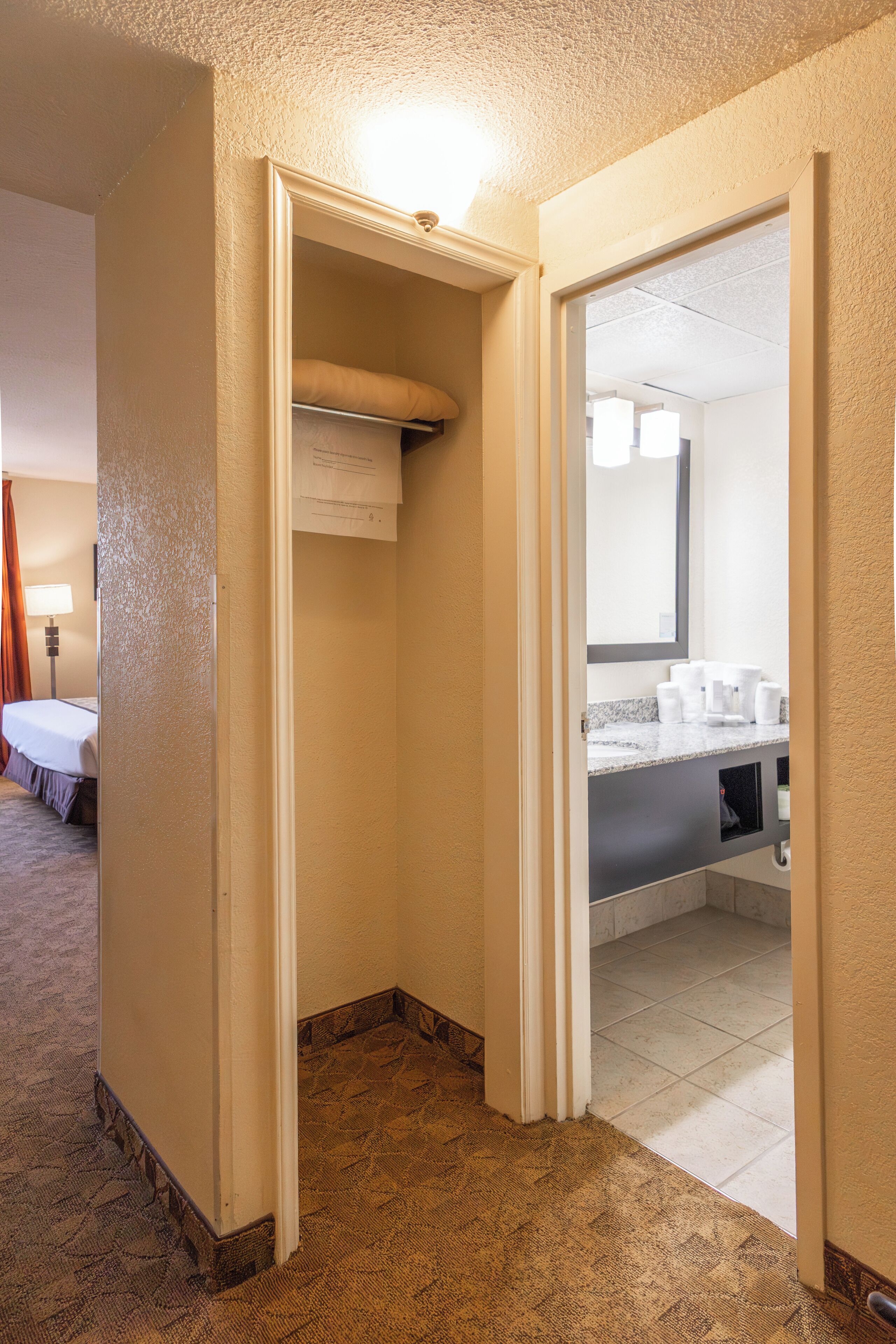 A hotel room with a bed, a bathroom with a sink and mirror, and a closet.