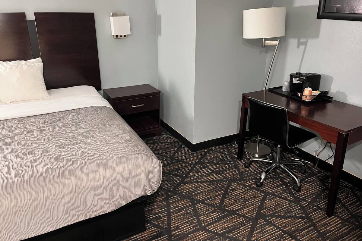 A hotel room with a bed, a desk, a chair, a nightstand, a lamp, and a coffee maker.