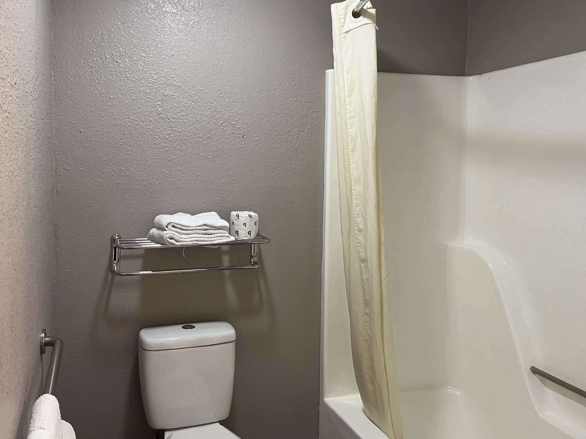 Combined shower/bathtub, free toiletries, towels