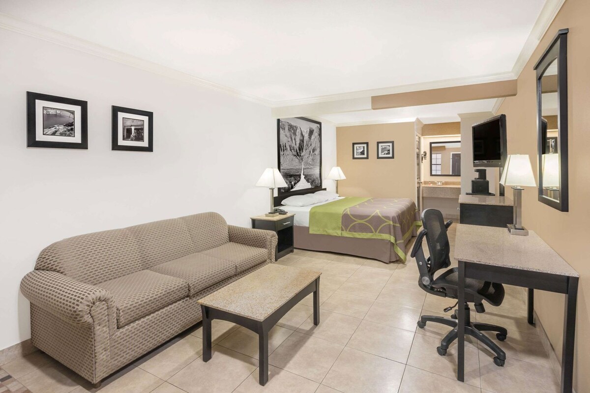 A hotel room with a sofa, a bed, a desk, and a chair.