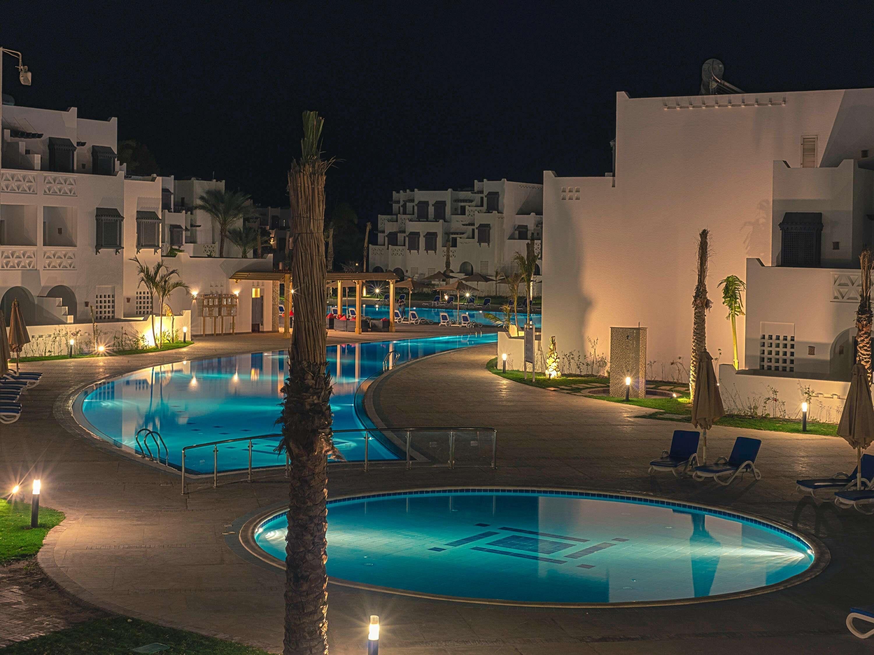 A nighttime swimming pool area with lounge chairs and palm trees.