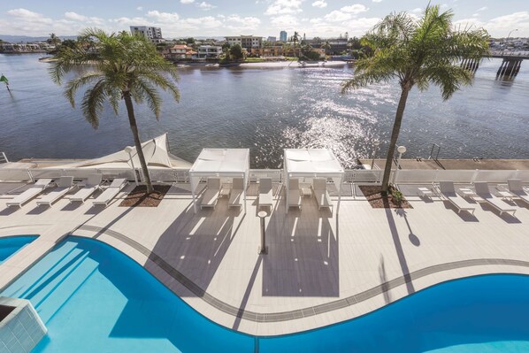 Outdoor pool, free cabanas, pool umbrellas