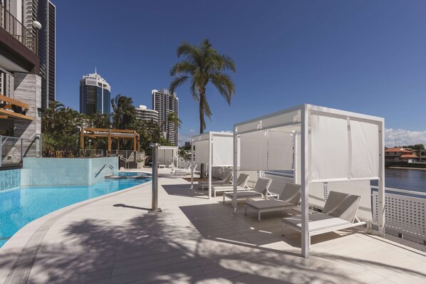 Outdoor pool, free pool cabanas, pool umbrellas