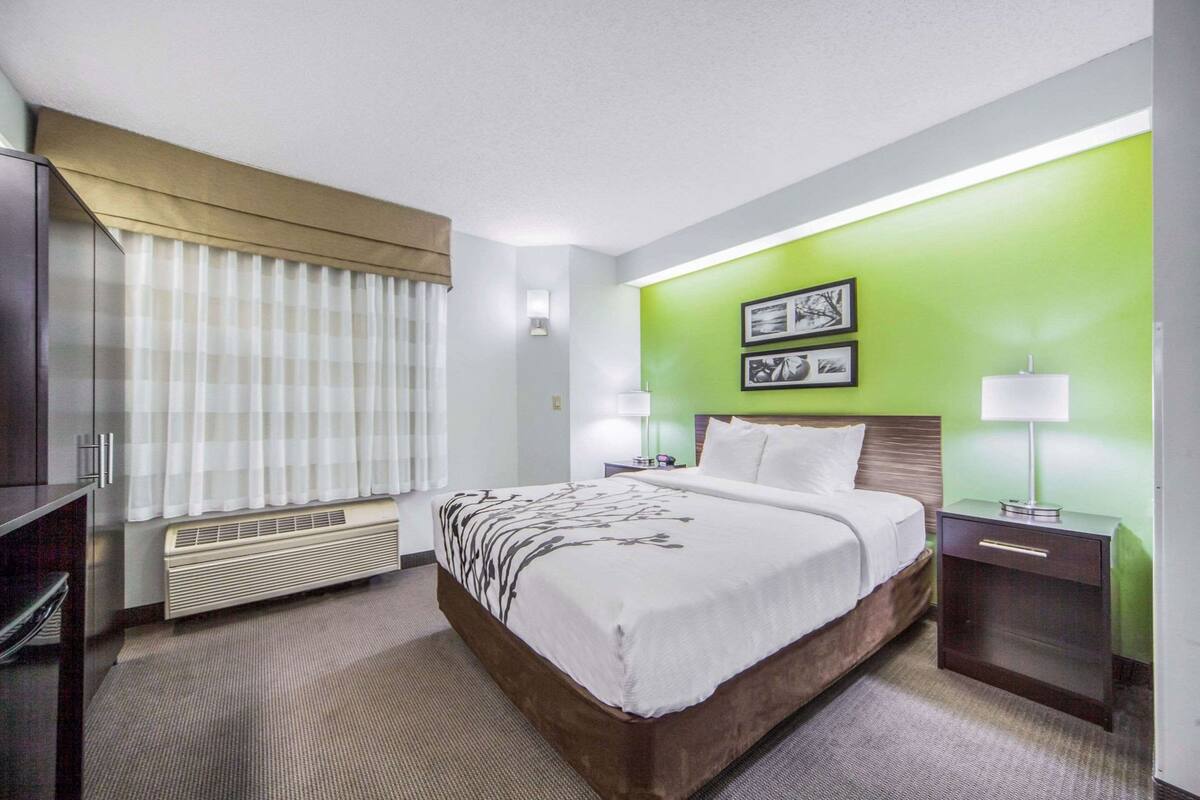 A hotel room with a bed, a nightstand, a lamp, a wall-mounted picture, and a window with curtains.