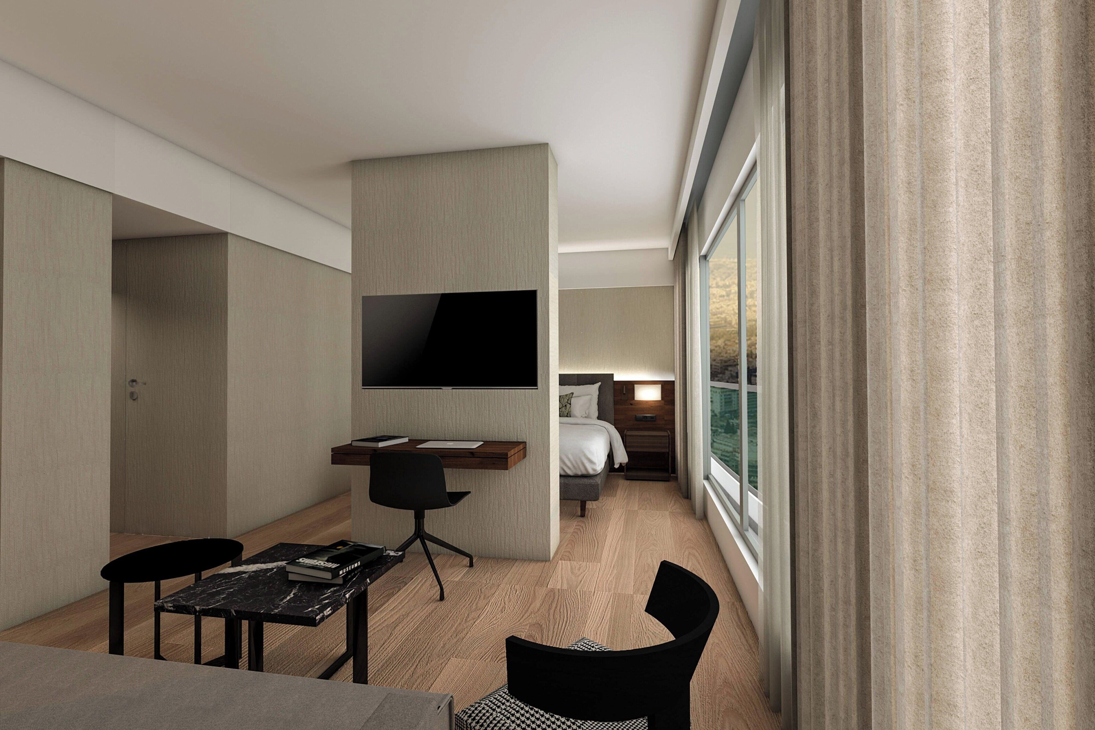 A modern hotel room with a flat-screen TV mounted on a wall, a desk with a chair, a bed with a nightstand, and a large window with curtains.