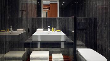 A modern bathroom with a large rectangular sink, a separate toilet, and a shower area.