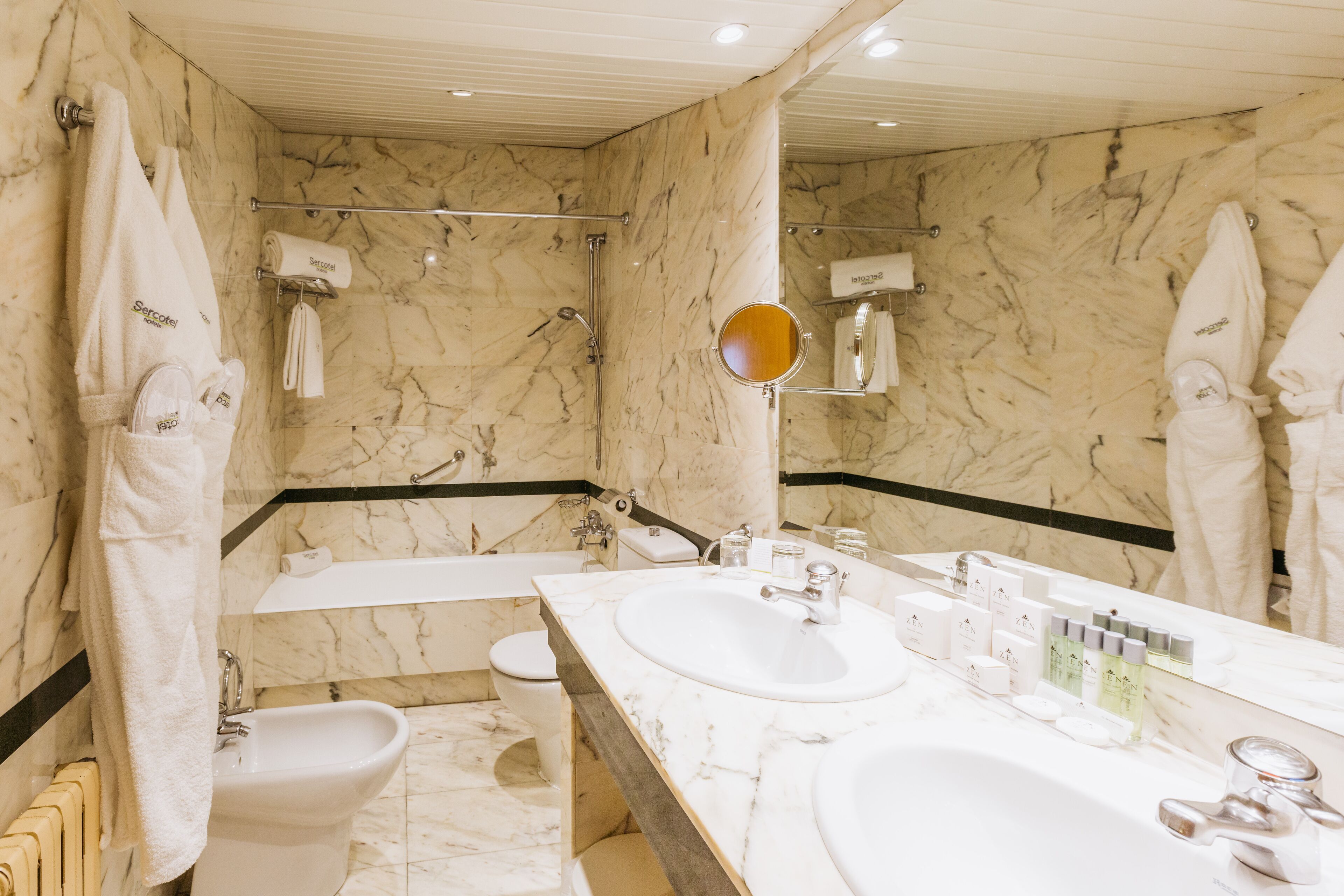 combined shower/bathtub, free toiletries, hair dryer, bidet