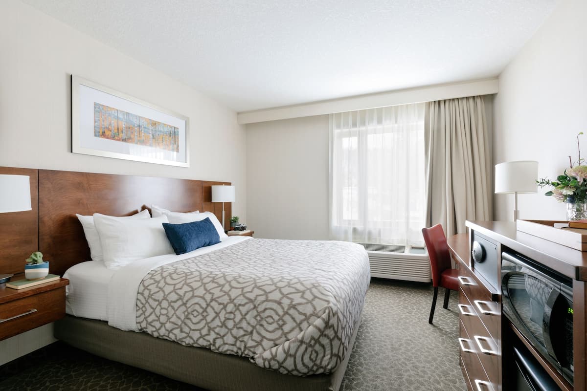 A hotel room with a large bed, a desk with a computer, a chair, a window with curtains, and a framed picture on the wall.