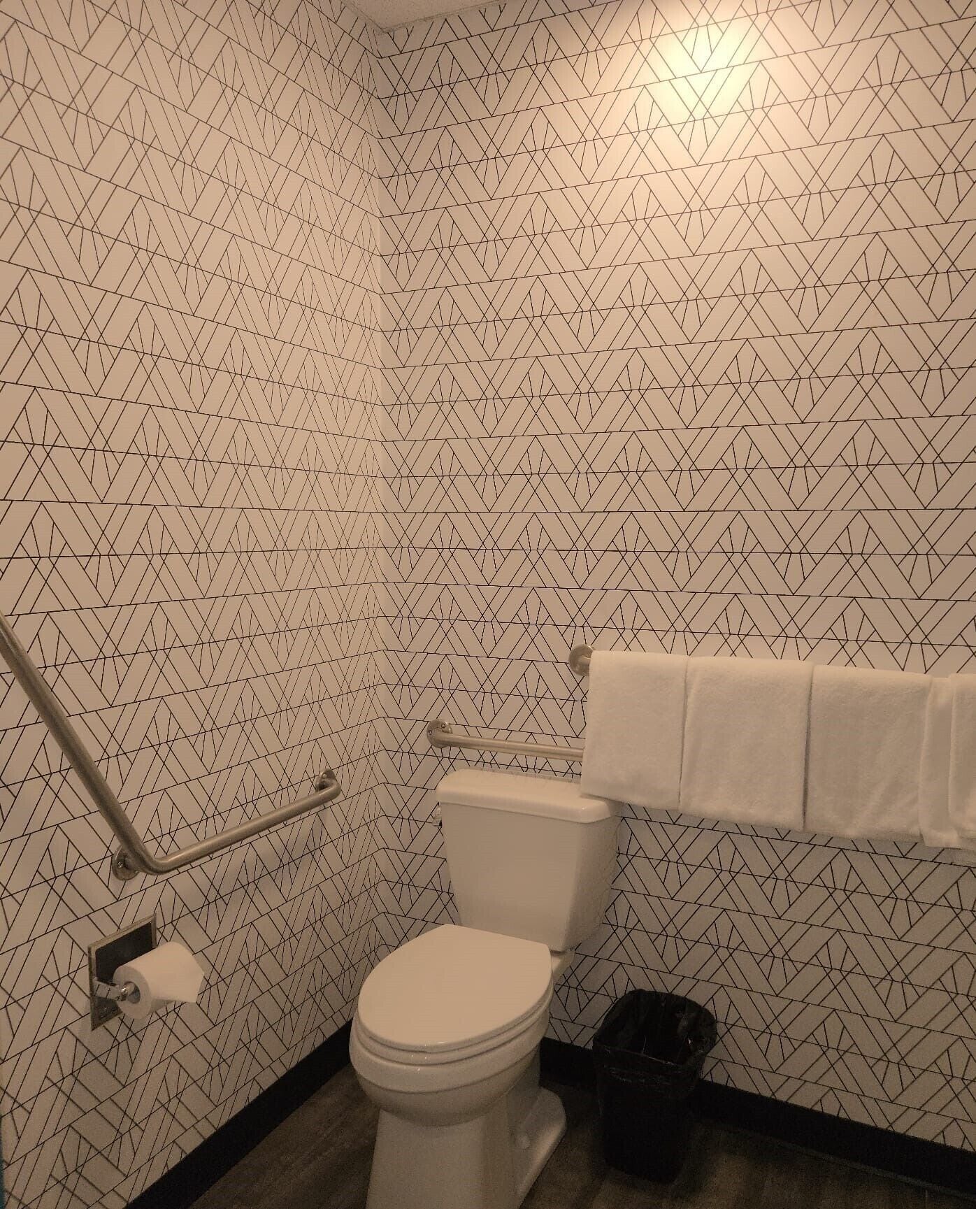 Un baño con pared de diseño geométrico, inodoro blanco, barra de apoyo, toallero y cubo de basura.