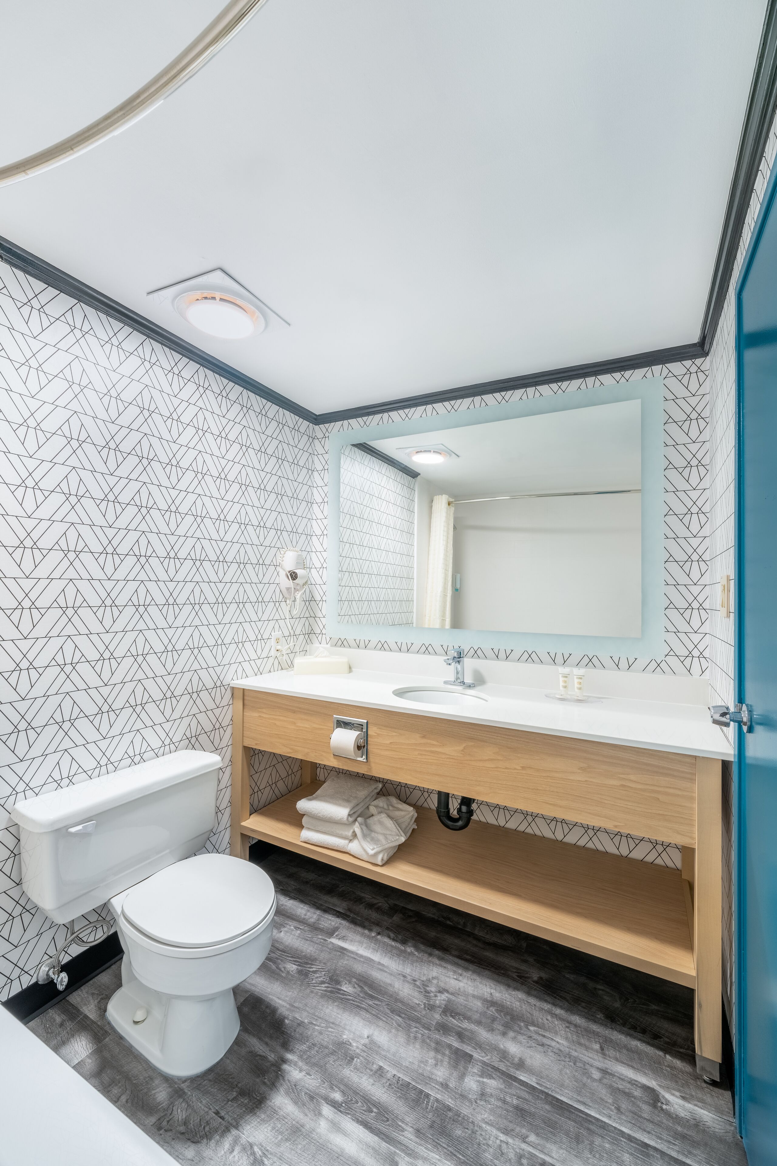 A modern bathroom with a white toilet, a sink with a mirror above it, and a shower area.