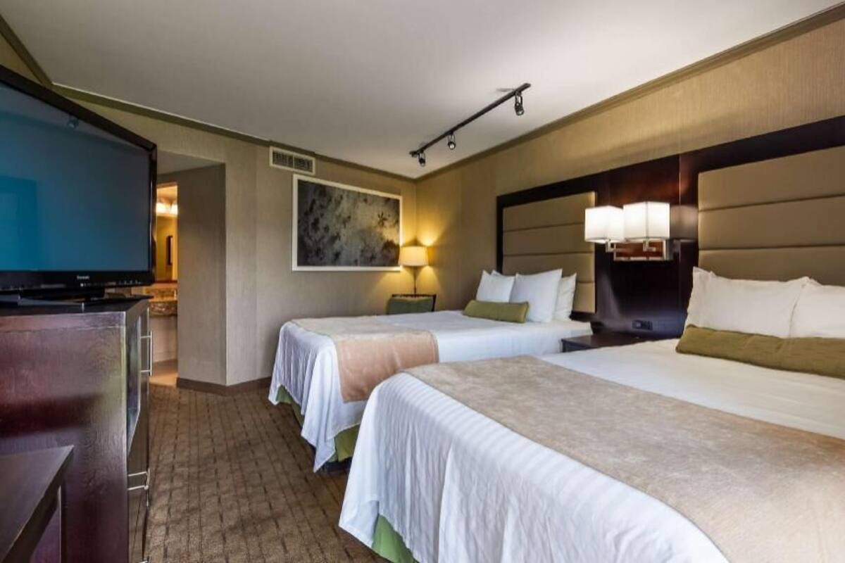 Een hotelkamer met twee bedden, een televisie, een bureau en een schilderij aan de muur.