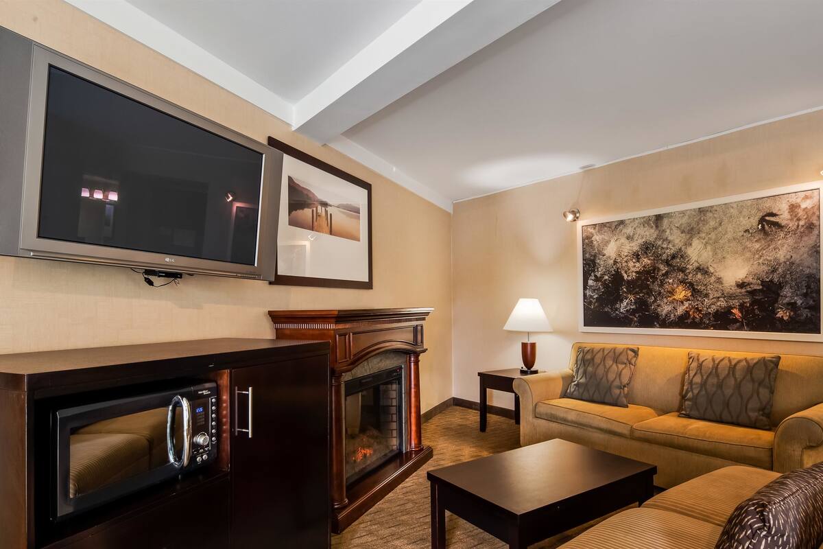 Een moderne woonkamer met een flatscreen televisie, open haard, bank en een schilderij aan de muur.