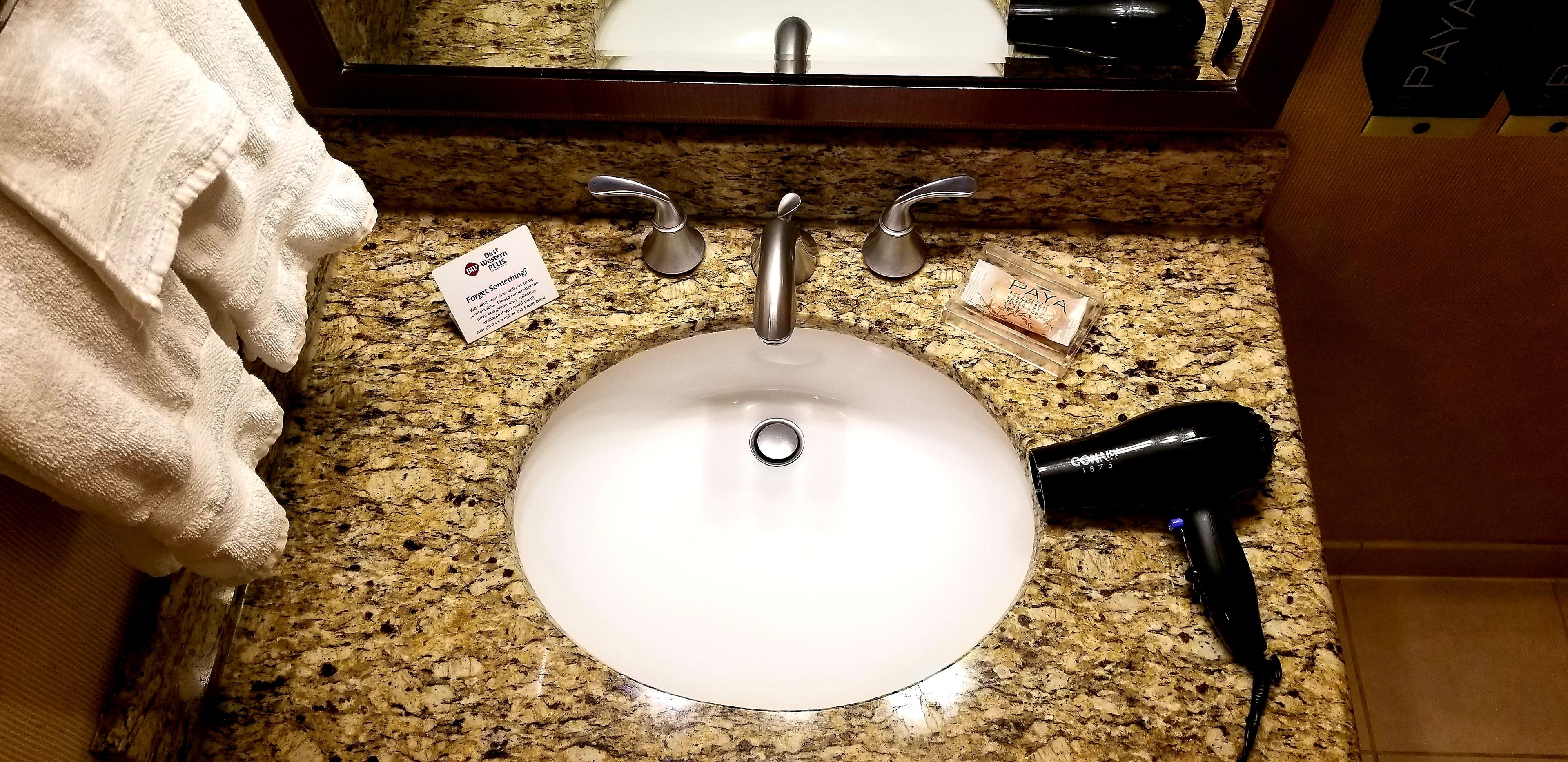 free toiletries, hair dryer, bathrobes, towels