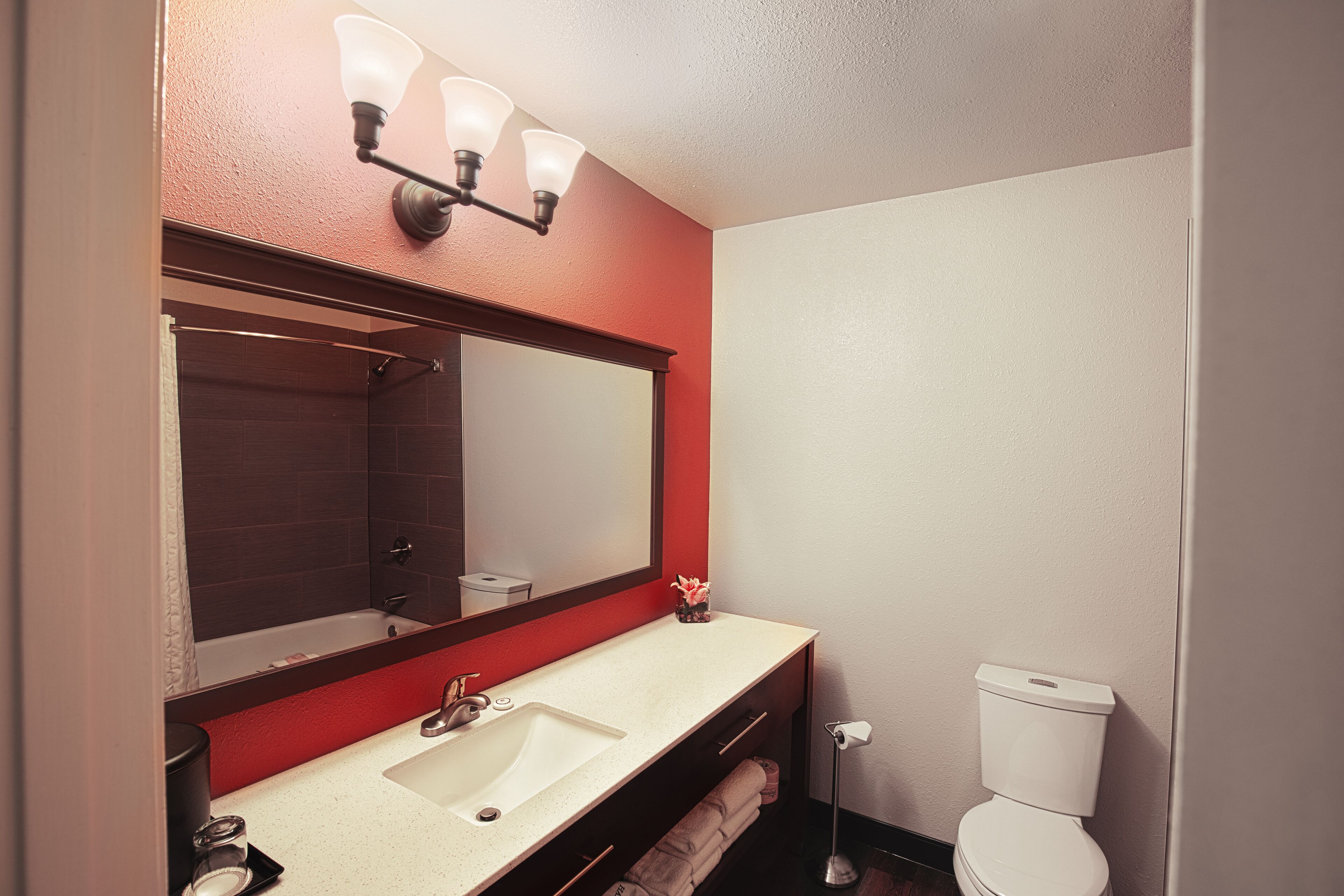 Een badkamer met een wit wastafel, een spiegel, een rode accentmuur en een toilet.